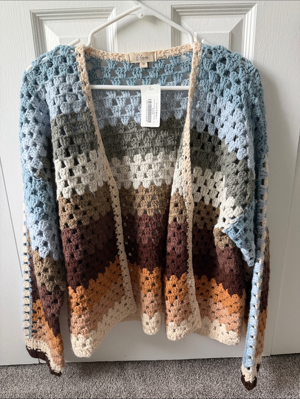 Elan Multicolor Crochet Open-Front Cardigan in Blue, Brown, Cream